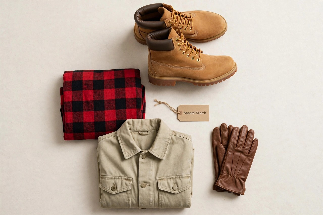 A flat lay of women's outdoor footwear and clothing as products only - a pair of classic wheat boots, a folded flannel shirt, a canvas jacket and leather gloves arranged neatly with a small Apparel Search tag, product photography with no people and no mannequins