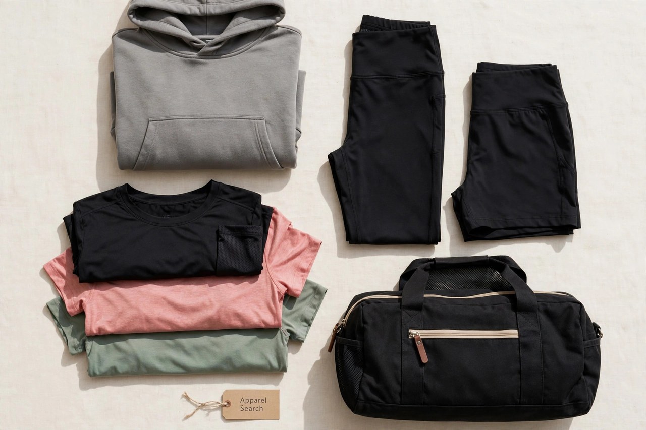 A flat lay of women's athletic apparel as products only - folded performance t-shirts, leggings, a hooded sweatshirt, shorts and a gym bag arranged neatly with a small Apparel Search tag, product photography with no people and no mannequins