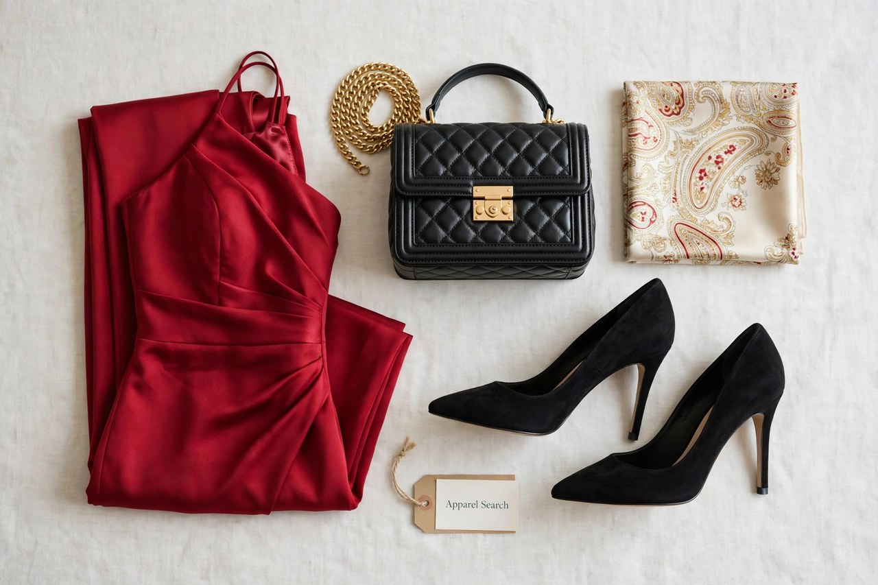 A flat lay of women's luxury clothing as products only - an elegant red evening dress folded beside a structured handbag, heeled shoes and a silk scarf arranged neatly with a small Apparel Search tag, product photography with no people and no mannequins