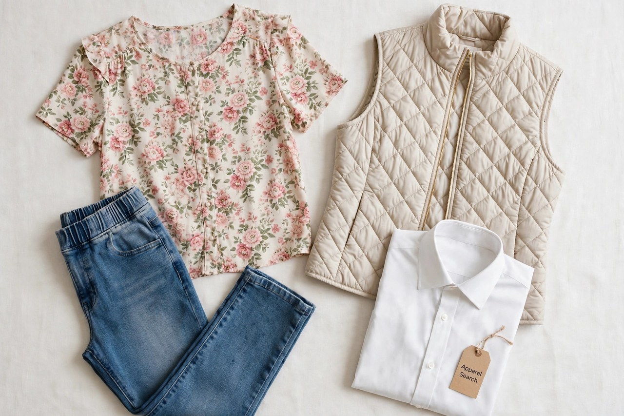 A flat lay of women's office clothing as products only - a floral top, stretch pull-on jeans, a quilted vest and a crisp dress shirt folded neatly with a small Apparel Search tag, product photography with no people and no mannequins