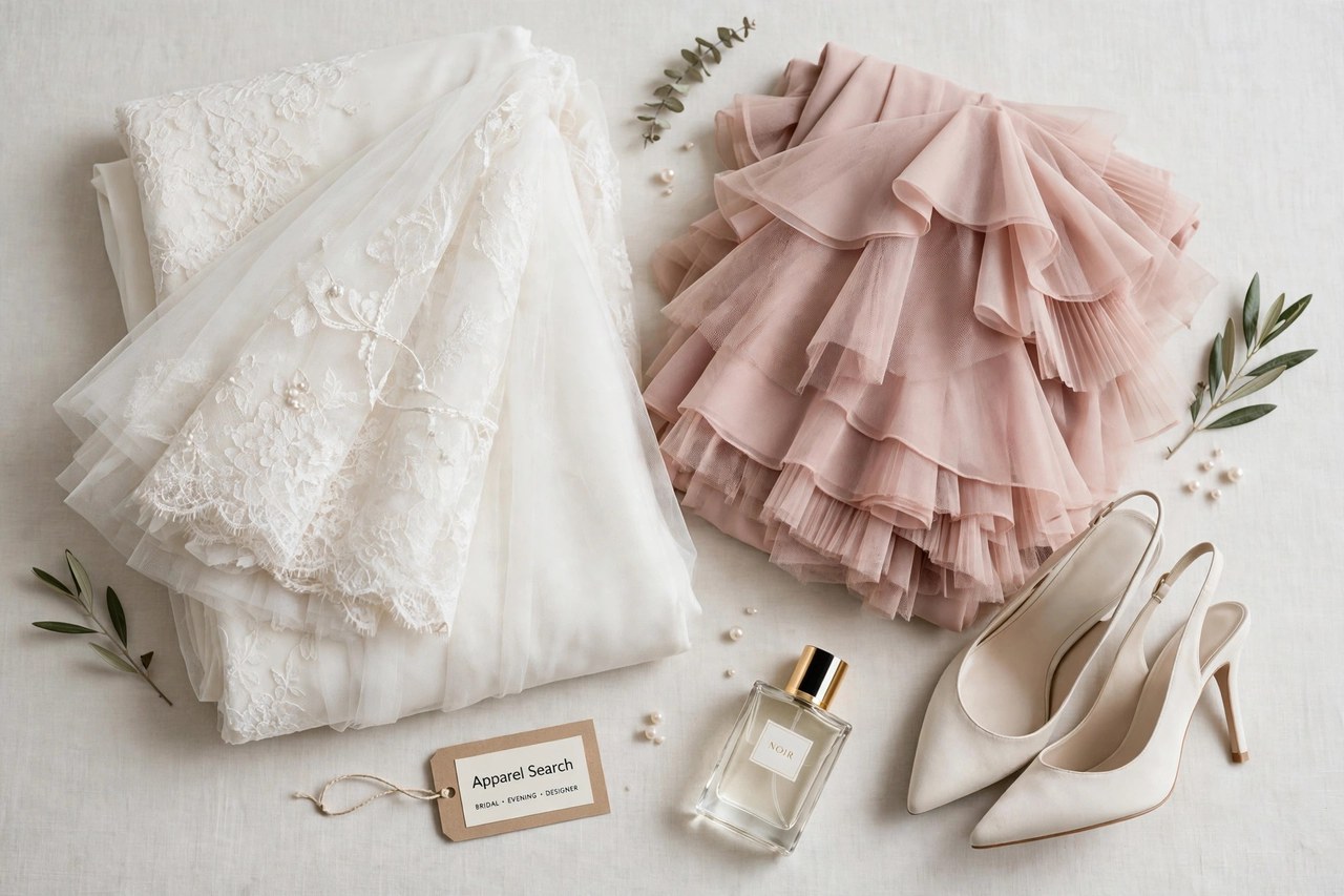A flat lay of women's bridal and designer clothing as products only - an elegant white bridal gown folded beside a layered evening dress, heels and a fragrance bottle arranged neatly with a small Apparel Search tag, product photography with no people and no mannequins