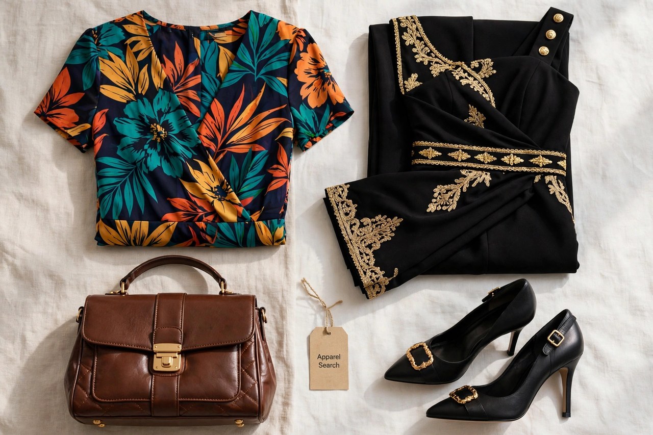 A flat lay of women's luxury clothing as products only - a bold printed dress, a black evening dress with gold-tone details, a leather handbag and heeled shoes arranged neatly with a small Apparel Search tag, product photography with no people and no mannequins