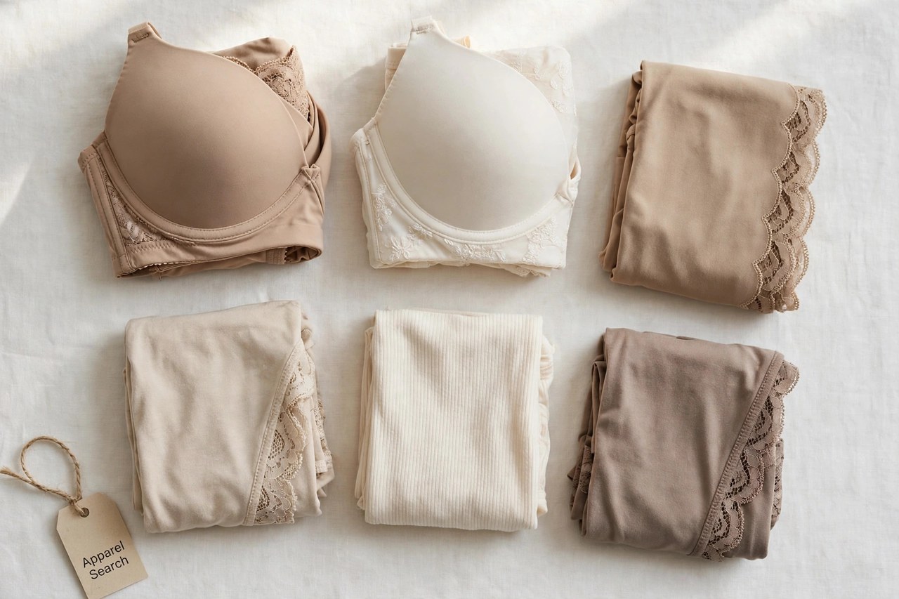 A flat lay of women's bra garments as products only - folded push-up bras and briefs in neutral colours arranged neatly with a small Apparel Search tag, product photography with no people and no mannequins