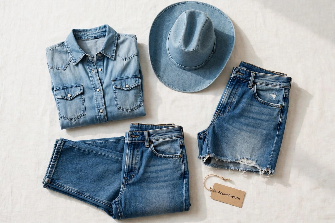 A flat lay of women's western denim clothing as products only - a pair of blue jeans, a denim shirt, jean shorts and a hat arranged neatly with a small Apparel Search tag, product photography with no people and no mannequins