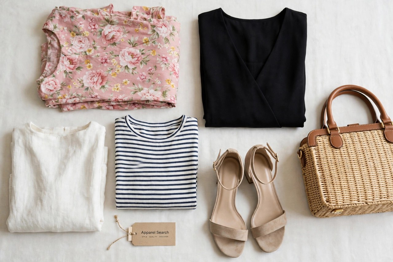A flat lay of women's fashion products - folded dresses, tops, a handbag and shoes arranged neatly with a small Apparel Search tag, product photography with no people and no mannequins