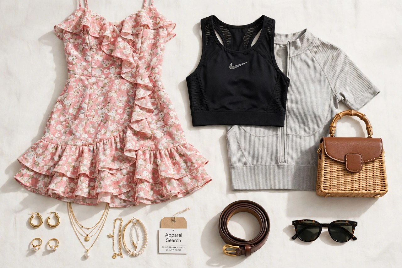 A flat lay of women's contemporary junior clothing as products only - a feminine flirty dress, sportswear tops, a handbag, sunglasses, a belt and fashion jewelry arranged neatly with a small Apparel Search tag, product photography with no people and no mannequins