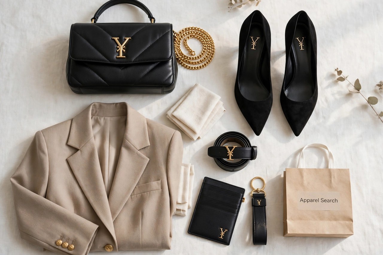 A flat lay of women's luxury clothing from the Y brand as products only - an elegant handbag, women's shoes, leather goods and a tailored garment arranged together with a small Apparel Search shopping bag, product photography with no people and no mannequins