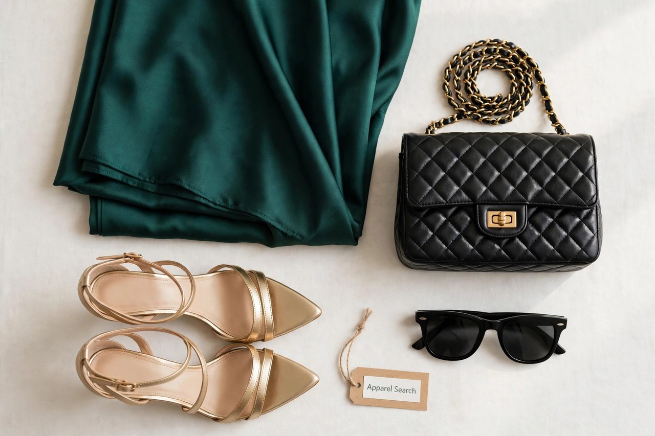 A flat lay of women's fashion products only - an elegant evening gown fabric, a handbag, a pair of women's shoes and eyewear arranged neatly with a small Apparel Search tag, product photography with no people and no mannequins