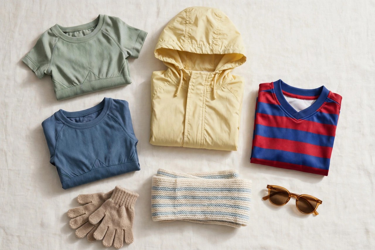 A flat lay of children's clothing beginning with A: folded activewear tops, a hooded anorak jacket, a small team jersey, gloves, a scarf and sunglasses arranged on a clean background, product photography with no people, no children and no mannequins