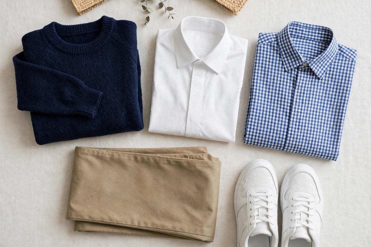 A flat lay of back to school clothing shopping: neatly folded new clothes with a school sweater, shirts, trousers and a pair of shoes arranged as a planned purchase set on a clean background, product photography with no people, no children and no mannequins