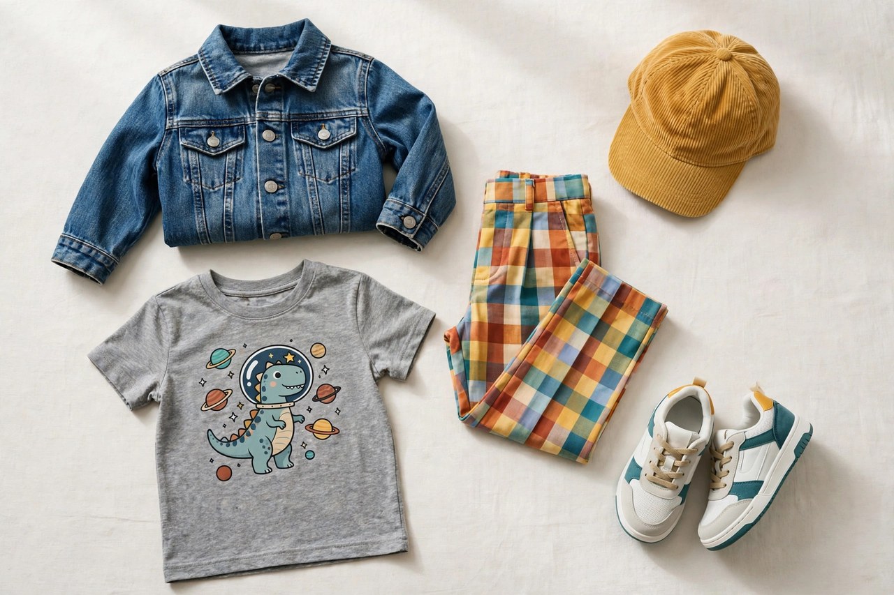 A flat lay of back to school fashion: a stylish children's outfit set with a denim jacket, graphic t-shirt, colorful trousers, sneakers and a cap arranged on a clean background, product photography with no people, no children and no mannequins