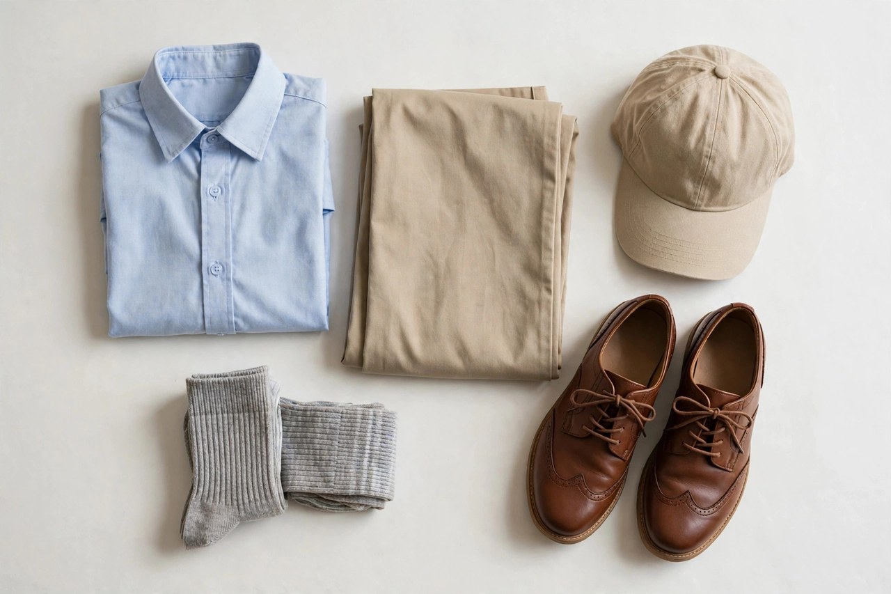 A flat lay of back to school clothing: a folded school shirt, trousers, a pair of shoes, socks and a cap arranged neatly on a clean background, product photography with no people, no children and no mannequins