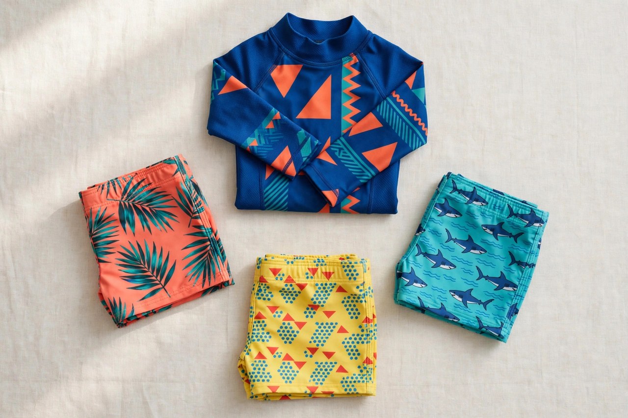 A flat lay of boys bathing suits: folded swim trunks in bright colors and patterns with a rash guard top arranged on a clean background, product photography with no people, no children and no mannequins