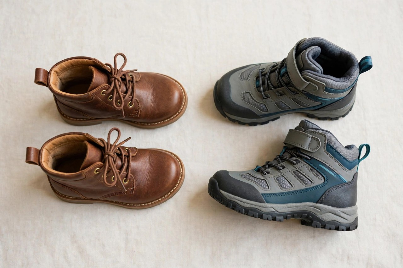 A flat lay of boys boots: a pair of brown leather boots and a pair of waterproof hiking-style boots arranged on a clean background, product photography with no people, no children and no mannequins