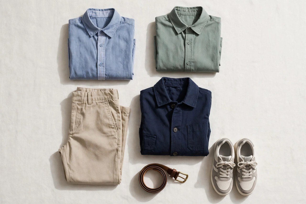 A flat lay of boys clothes: a complete set of folded shirts, trousers, a jacket, shoes and a belt arranged as a wardrobe overview on a clean background, product photography with no people, no children and no mannequins