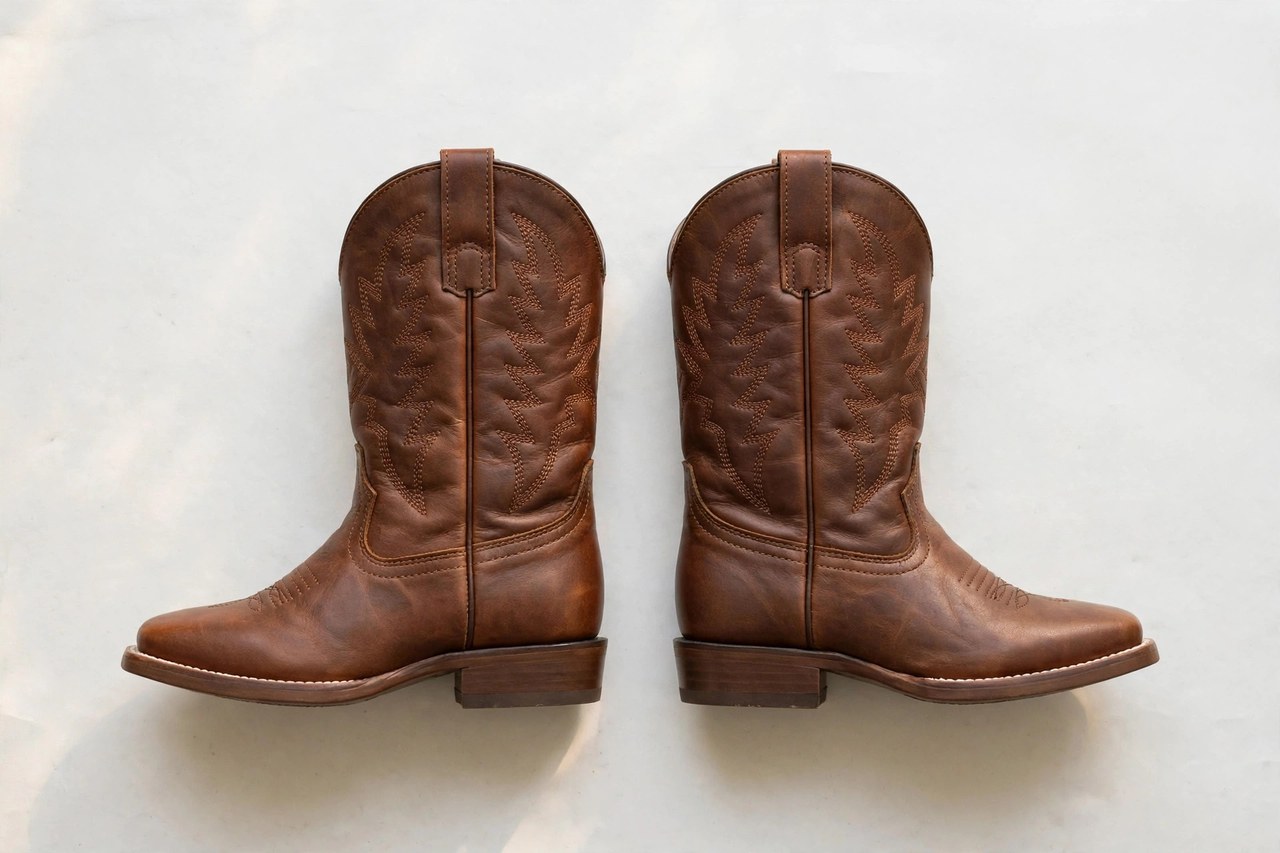 A flat lay of boys cowboy boots: a pair of brown leather western boots with stitched shafts and pointed toes arranged on a clean background, product photography with no people, no children and no mannequins