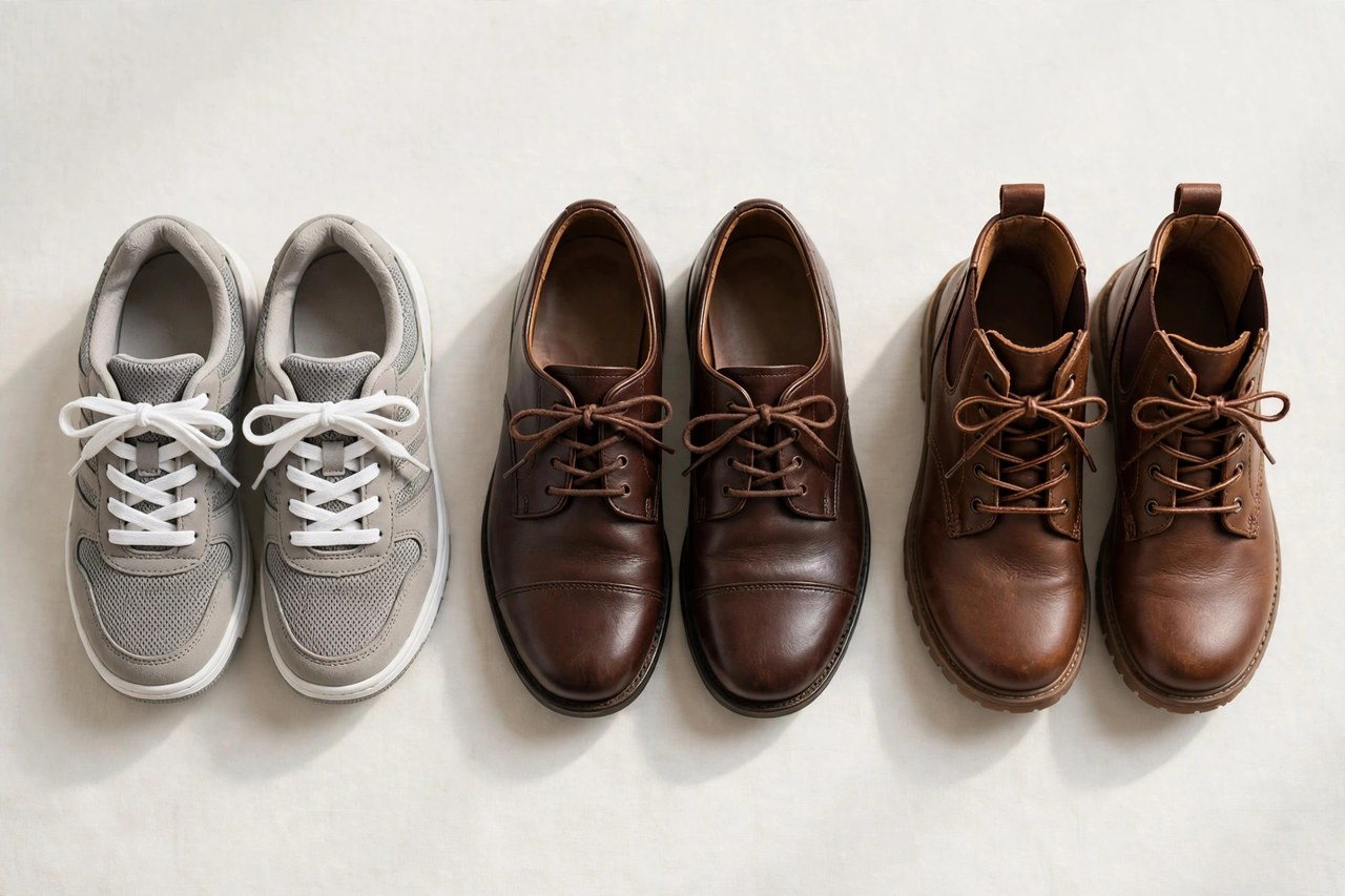 A flat lay of boys footwear: a pair of sneakers, a pair of leather school shoes and a pair of boots arranged together on a clean background, product photography with no people, no children and no mannequins