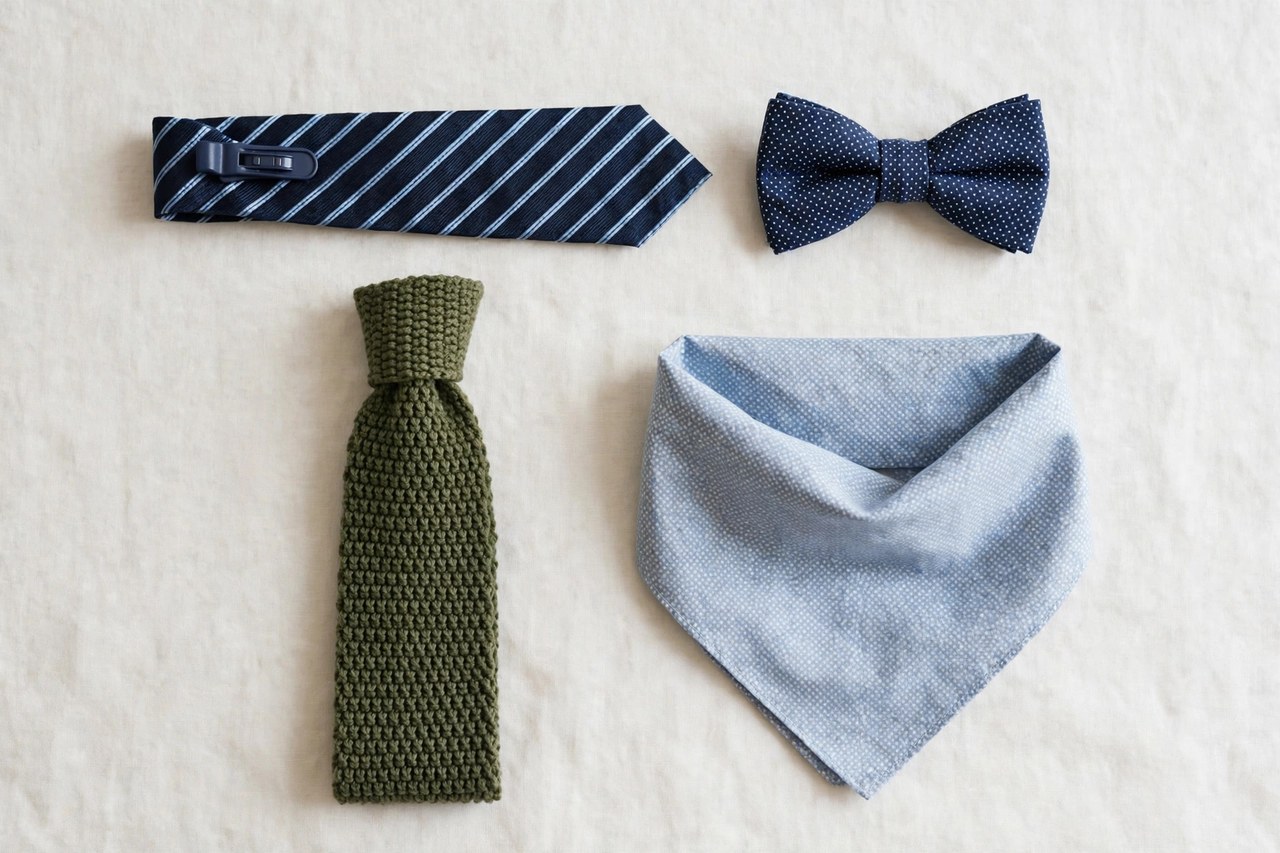 A flat lay of boys neckwear: a clip-on tie, a bow tie, a knitted tie and a neckerchief arranged neatly on a clean background, product photography with no people, no children and no mannequins