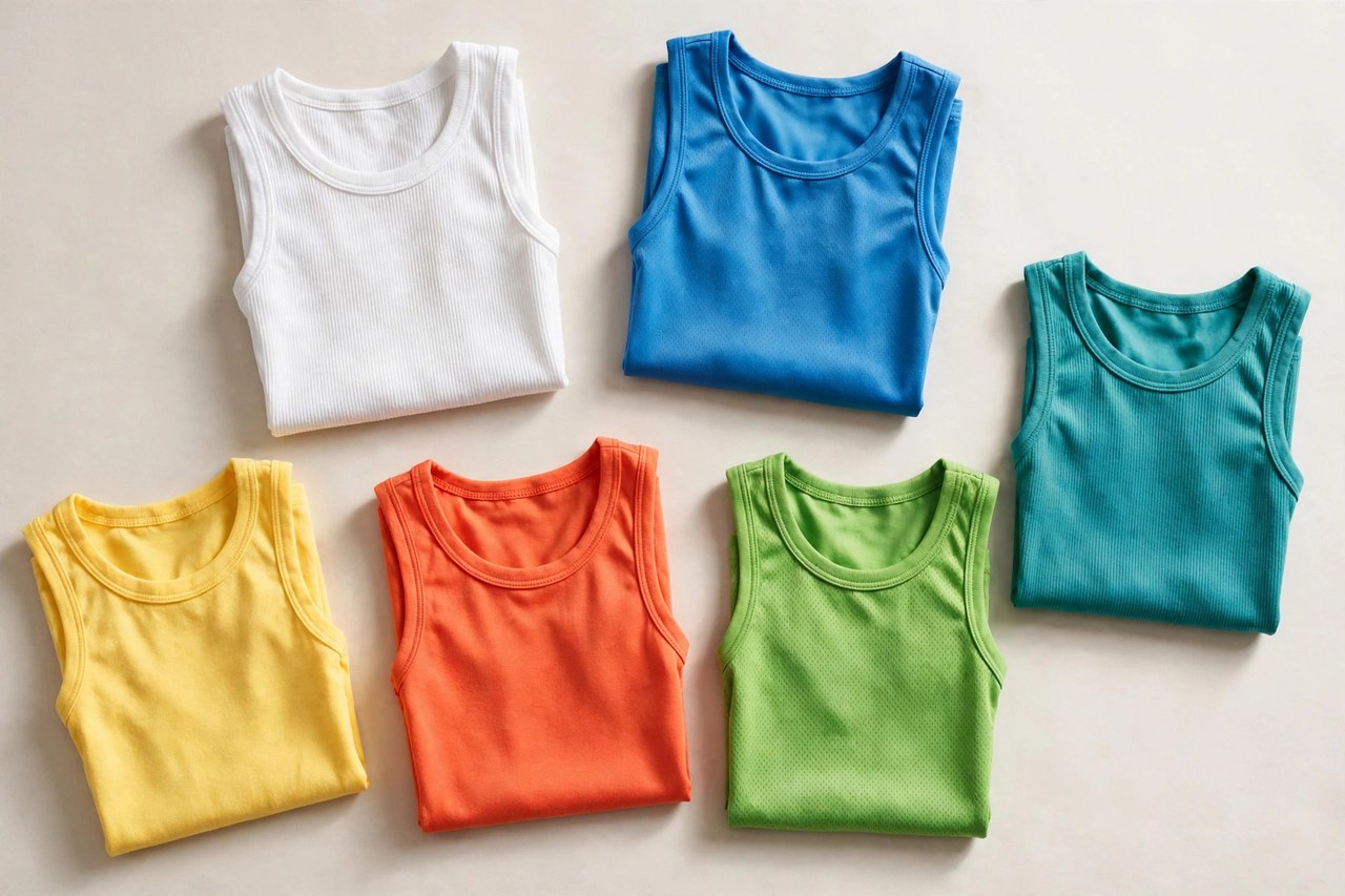 A flat lay of boys tank tops: folded sleeveless undershirts and athletic tank tops in white and bright colors arranged on a clean background, product photography with no people, no children and no mannequins