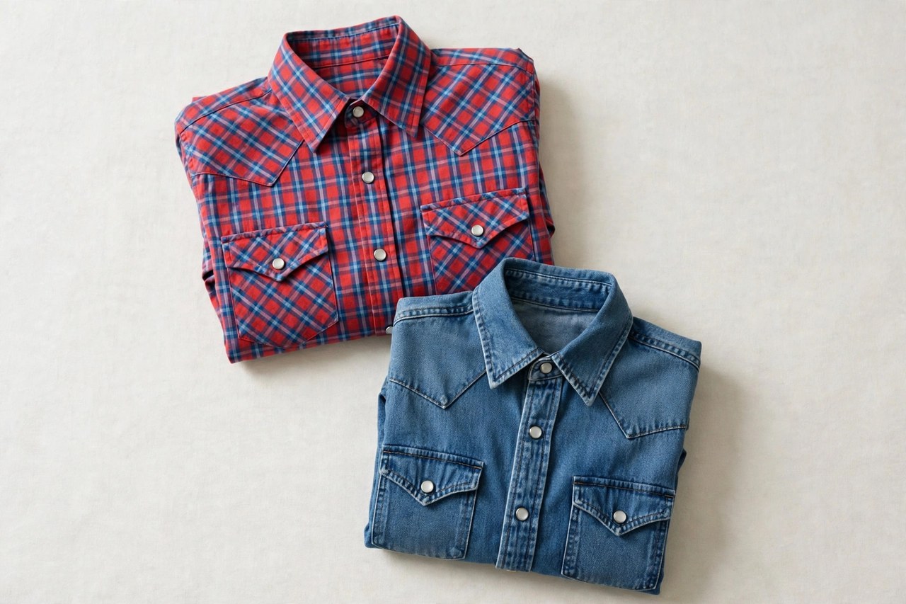 A flat lay of boys western shirts: a plaid western shirt with snap buttons and pointed yokes and a denim western shirt folded on a clean background, product photography with no people, no children and no mannequins