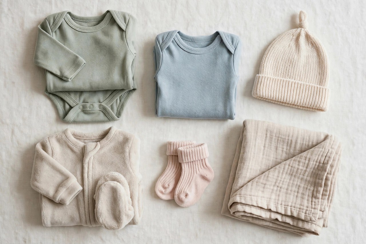 A flat lay of baby clothes: folded bodysuits, a soft sleep suit, tiny socks, a knitted hat and a receiving blanket in gentle colors on a clean background, product photography with no people, no babies and no mannequins