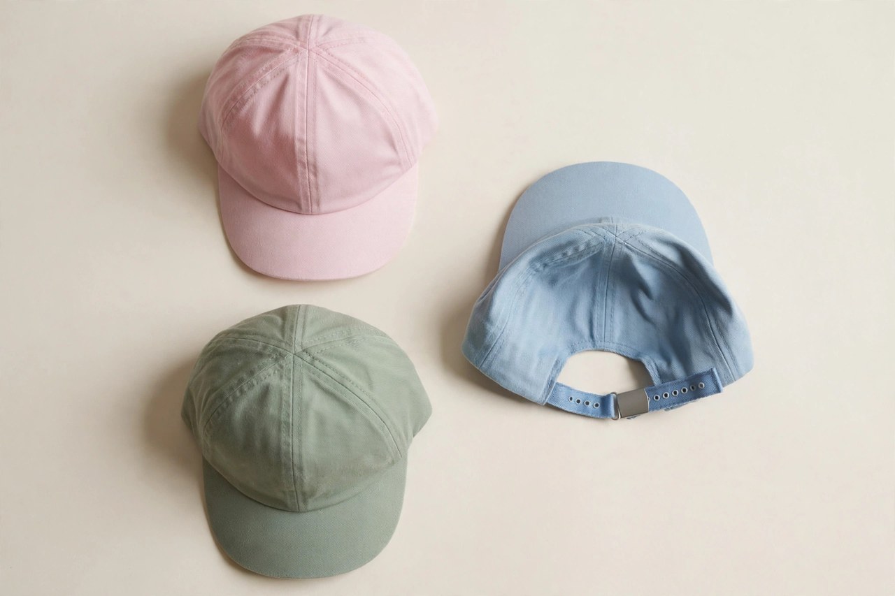 A flat lay of children's baseball hats: three caps in different colors with curved brims, an adjustable strap visible on one, arranged on a clean background, product photography with no people, no children and no mannequins