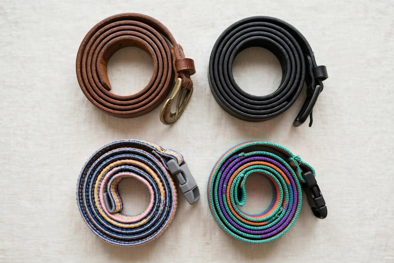 A flat lay of children's belts: a brown leather belt, a black belt, a woven elastic belt and a colorful webbing belt coiled neatly on a clean background, product photography with no people, no children and no mannequins