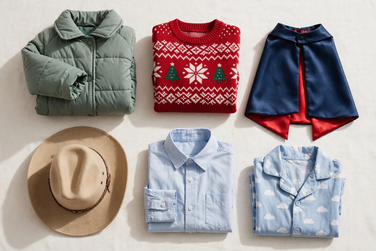 A flat lay of children's clothing beginning with C: a folded coat, a Christmas sweater, a costume cape, a cowboy hat, a dress shirt and pajamas arranged on a clean background, product photography with no people, no children and no mannequins