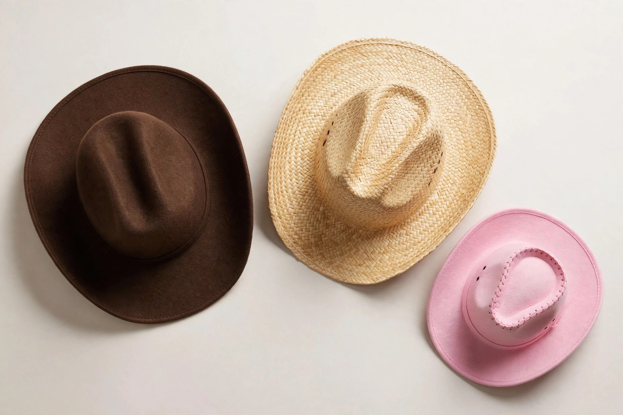A flat lay of children's cowboy hats: a felt cowboy hat, a straw cowboy hat and a smaller pink cowboy hat with a shaped crown and wide brim arranged on a clean background, product photography with no people, no children and no mannequins