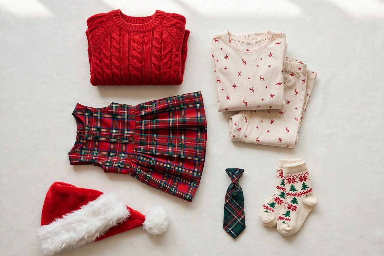 A flat lay of children's Christmas clothing: a red sweater, a tartan dress, pajamas, a Santa hat, socks and a small tie arranged on a clean background, product photography with no people, no children and no mannequins