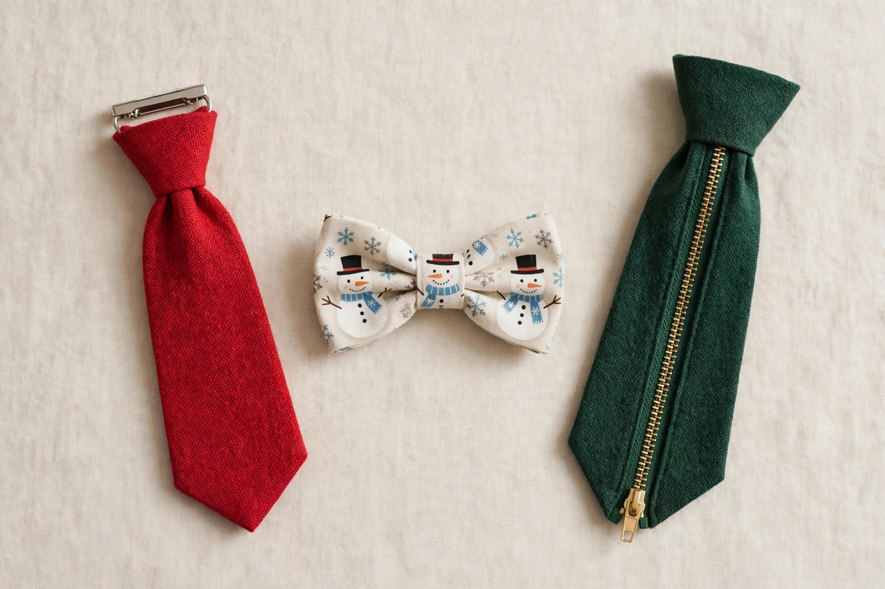A flat lay of children's Christmas ties: a red clip-on tie, a small bow tie with a snowman pattern, and a zipper tie in dark green arranged on a clean background, product photography with no people, no children and no mannequins
