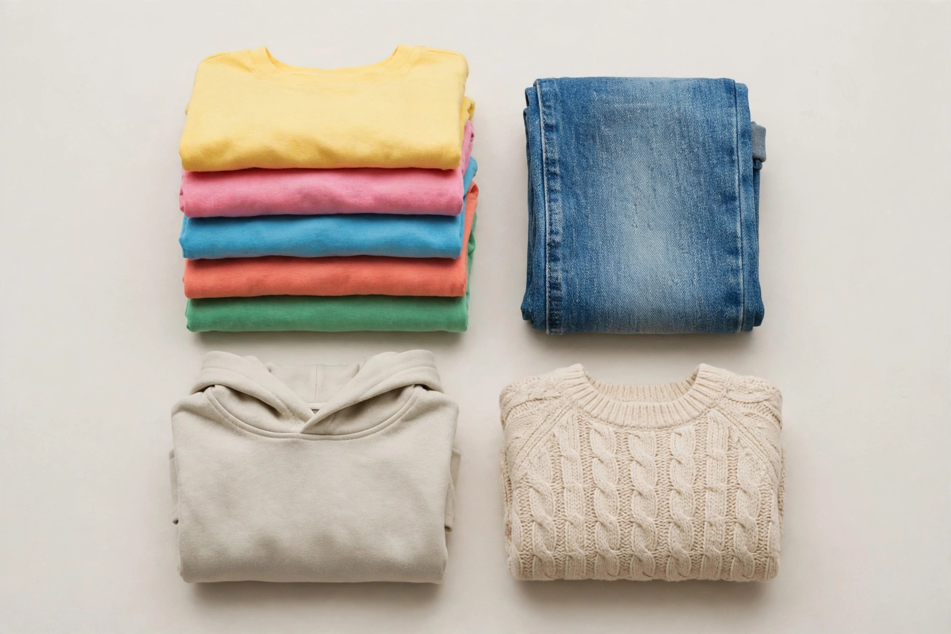 A flat lay of folded children's clothing: a stack of colorful folded t-shirts, folded denim jeans, a folded hoodie and a folded knit sweater on a plain background, product photography with no people