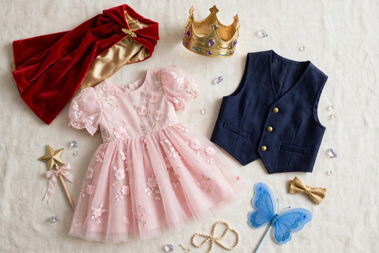 A flat lay of children's dress-up clothes: a cape, a pretend crown, a play dress, a waistcoat and costume accessories arranged on a clean background, product photography with no people, no children and no mannequins