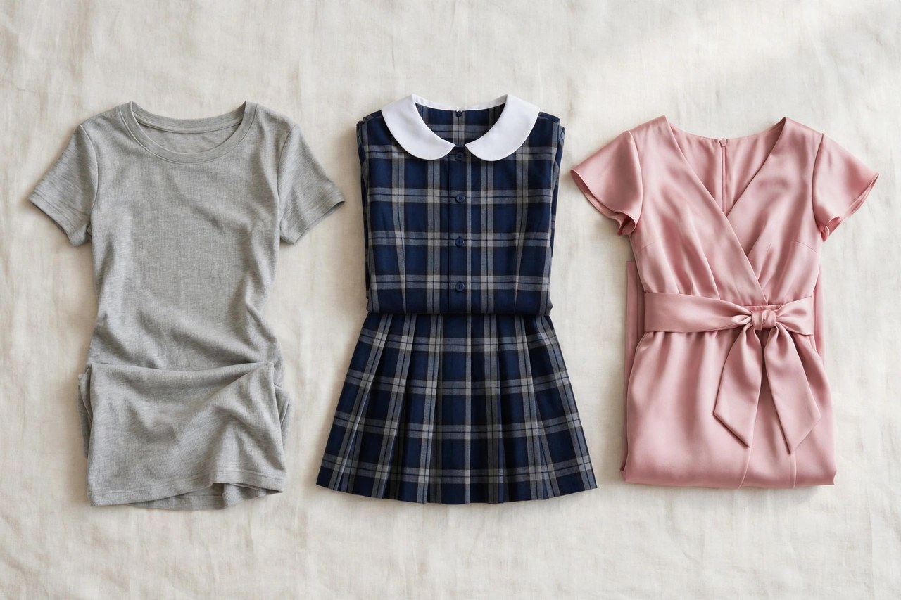 A flat lay of girls dresses: three folded dresses in different styles - a casual jersey dress, a school dress and an occasion dress with a sash - arranged on a clean background, product photography with no people, no children and no mannequins