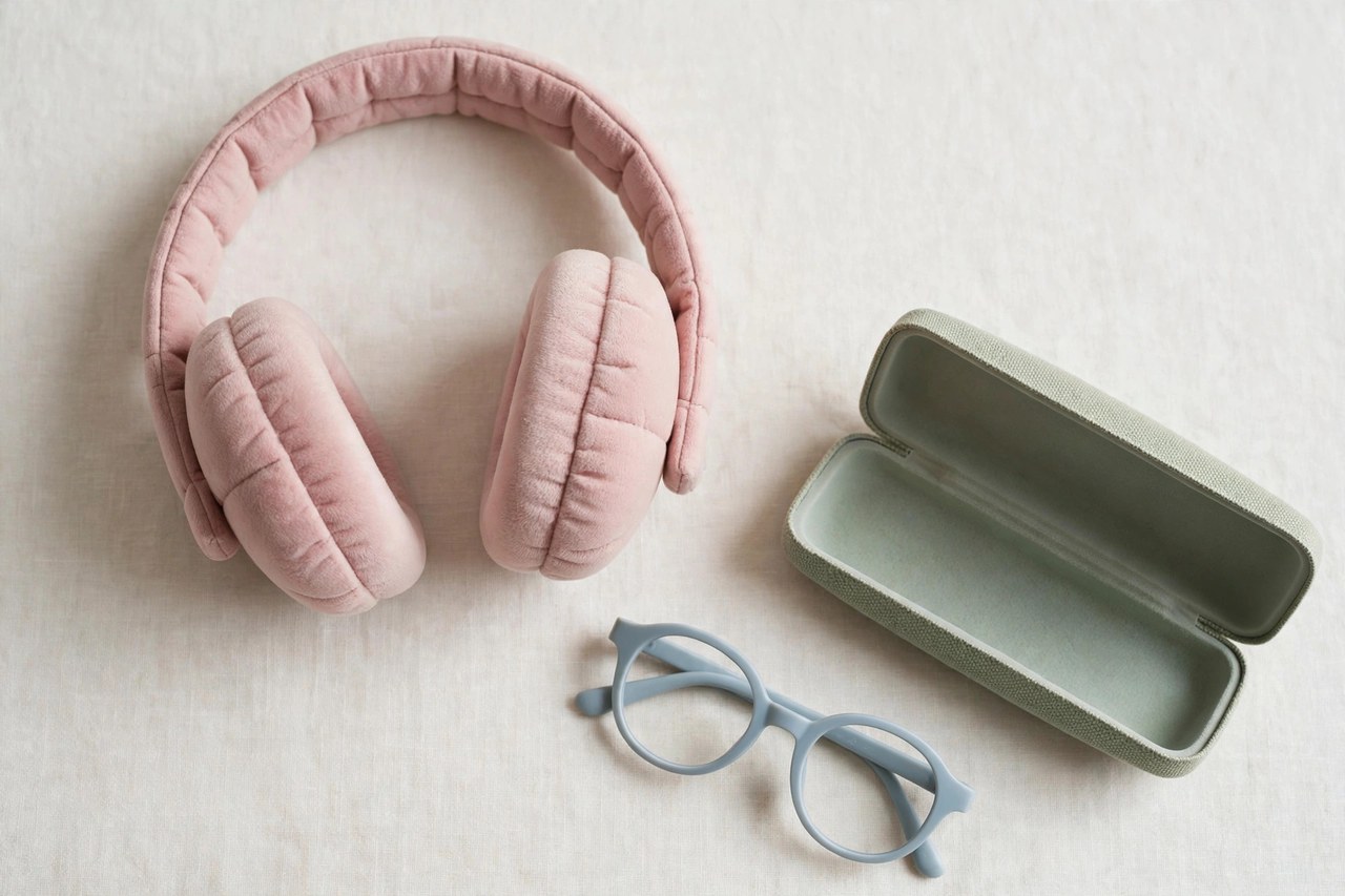A flat lay of children's accessories beginning with E: a pair of padded ear muffs with a headband and a pair of children's eyeglasses with a case arranged on a clean background, product photography with no people, no children and no mannequins