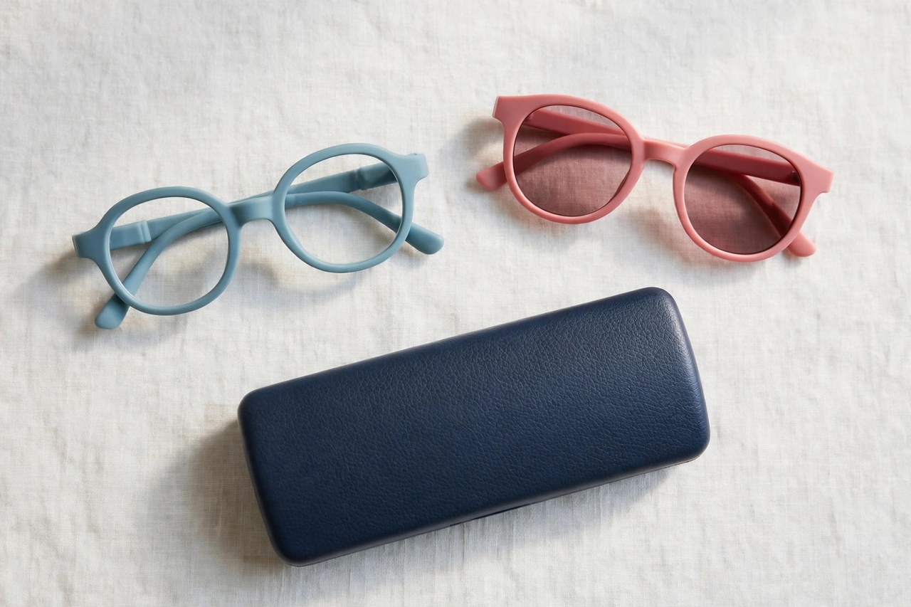 A flat lay of children's eyewear: a pair of flexible children's eyeglasses, a pair of children's sunglasses and a hard glasses case arranged on a clean background, product photography with no people, no children and no mannequins