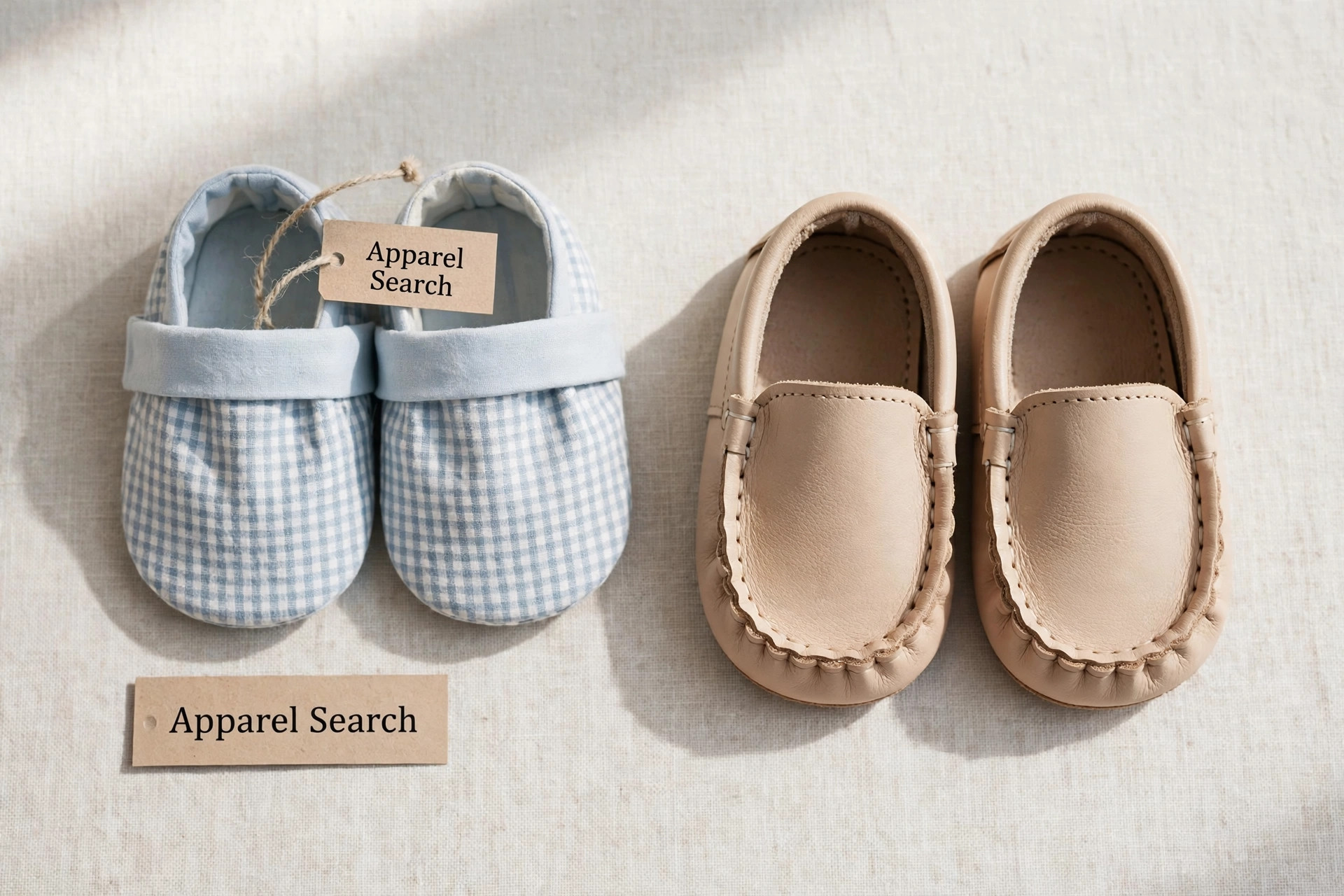 Pair of soft-sole baby first walker shoes in pale tan leather laid flat beside a pair of fabric crib shoes with a paper Apparel Search tag, product photography with no people