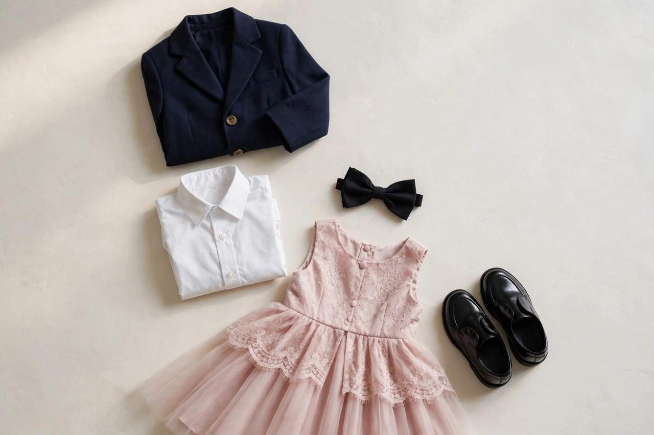 A flat lay of children's formal clothes: a small blazer, a folded dress shirt, a bow tie, a formal dress laid flat and a pair of children's dress shoes arranged on a clean background, product photography with no people, no children and no mannequins