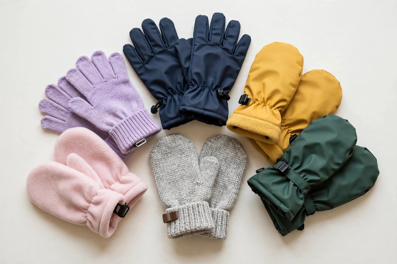 A flat lay of several pairs of children's gloves and mittens in fleece, knit and waterproof shell fabrics, arranged in a fan with their cuffs and clips visible on a plain background, product photography with no people, no children and no mannequins