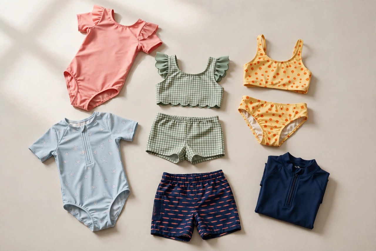 A flat lay of several children's one-piece and two-piece bathing suits in quick-drying swim fabrics, laid out with a folded rash guard top and swim shorts on a plain background, product photography with no people, no children and no mannequins