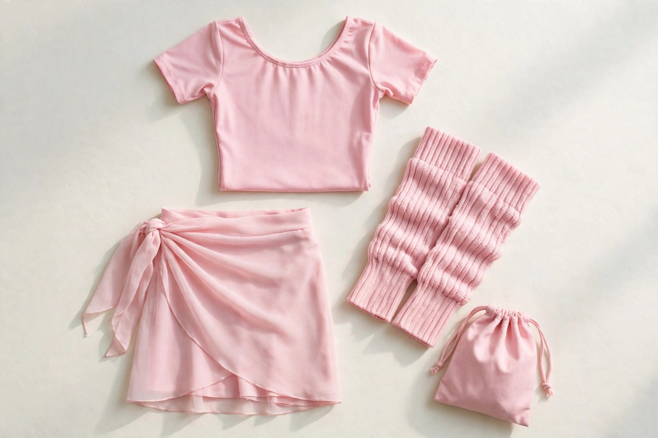 A flat lay of girls dance clothes: a pink leotard, a wrap skirt, legwarmers and a small dance bag arranged on a pale studio background, product photography with no people, no children and no mannequins