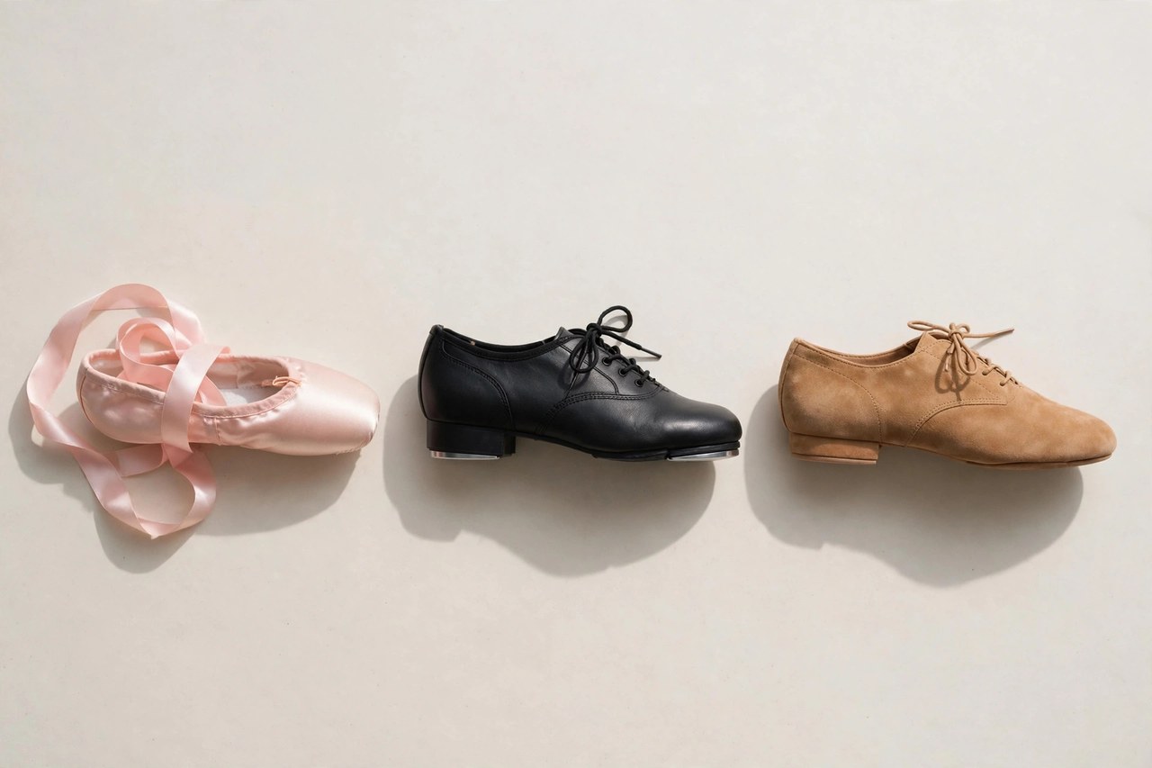 A flat lay of girls dance shoes: pink ballet slippers, black tap shoes and tan jazz shoes lined up in a row on a light background, product photography with no people, no children and no mannequins