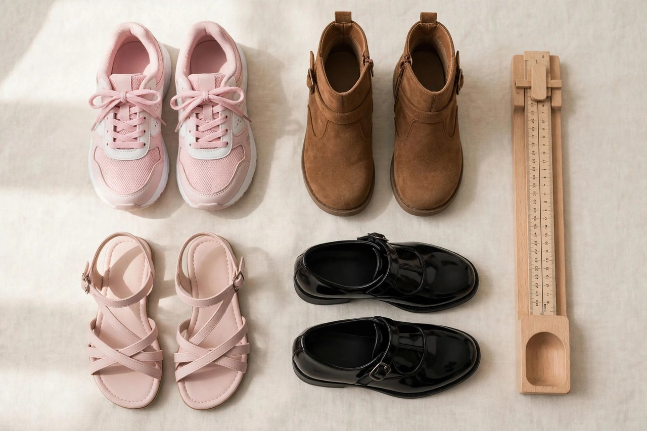 A flat lay of girls footwear: sneakers, boots, sandals and dress shoes arranged in a grid with a foot measuring gauge beside them, product photography with no people, no children and no mannequins