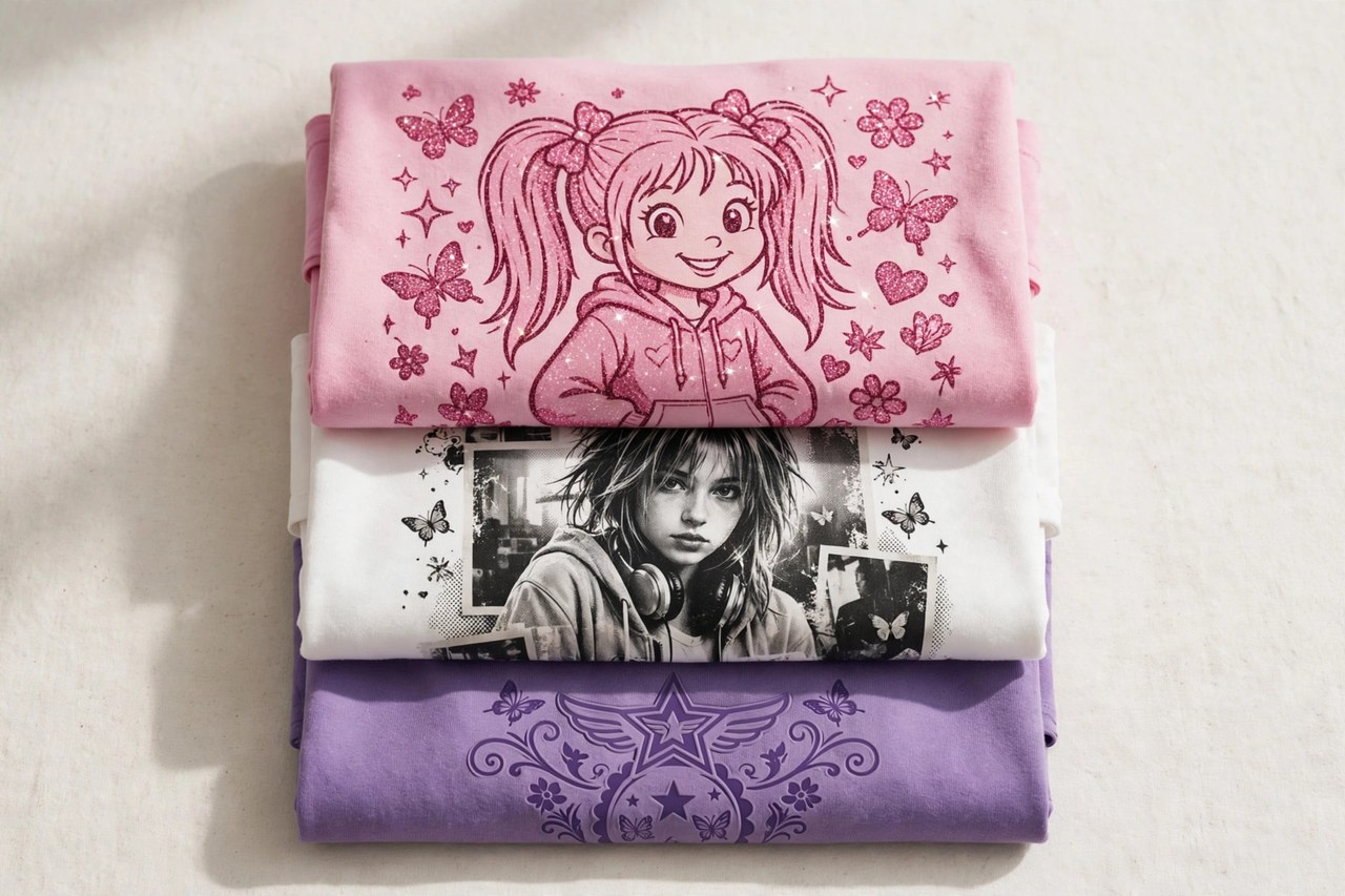 A flat lay of girls printed character t-shirts from the 2000s: a pink glitter-print tee, a white photo-print tee and a purple logo tee folded in a neat stack, product photography with no people, no children and no mannequins