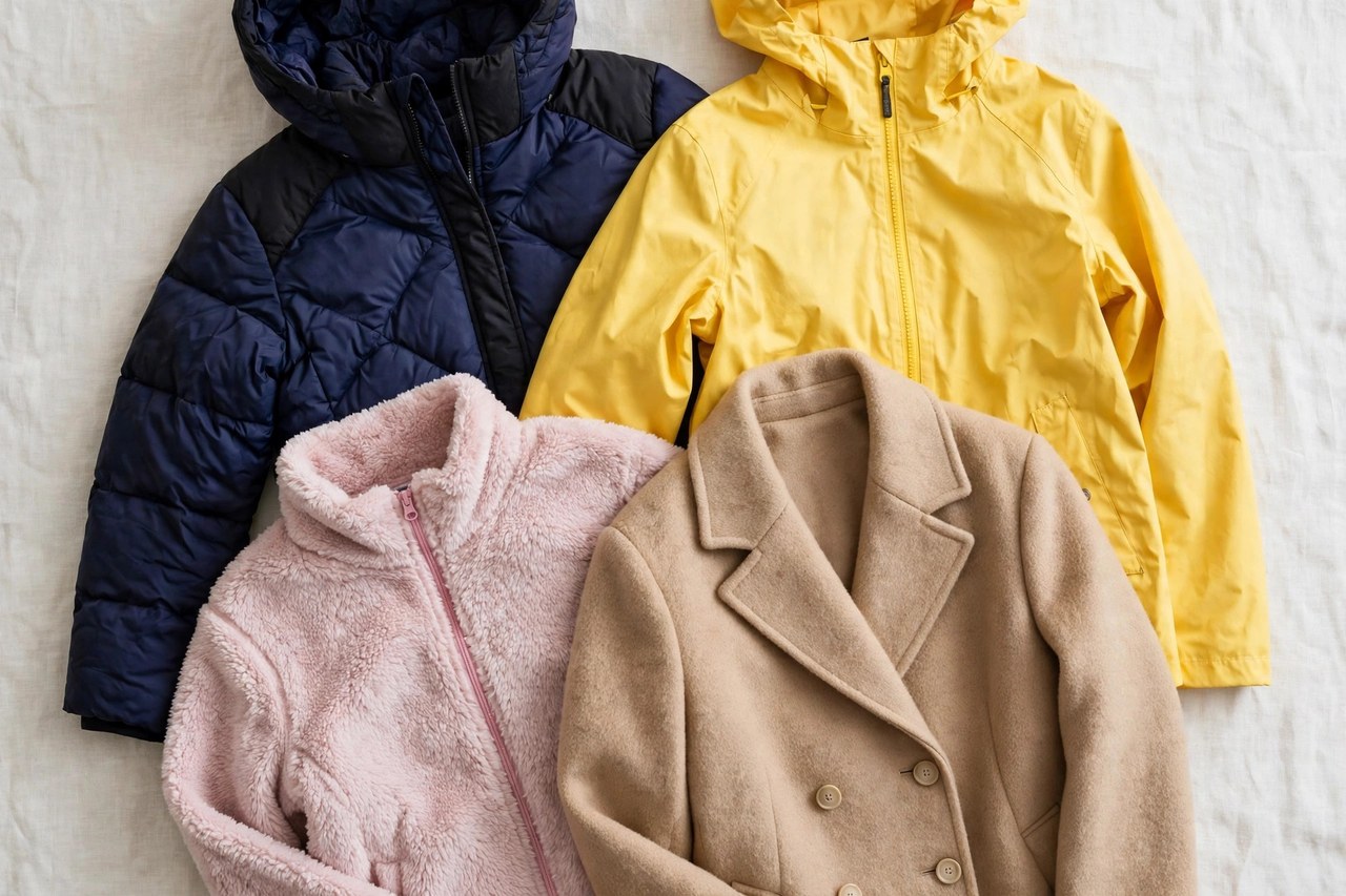 A flat lay of girls outerwear: a padded winter coat, a rain jacket, a fleece jacket and a wool-look coat arranged in an overlapping row, product photography with no people, no children and no mannequins