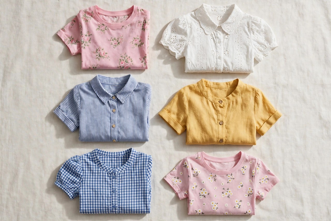 A flat lay of girls shirts including tees, blouses and button-front styles folded to show collars, sleeves and prints, product photography with no people, no children and no mannequins