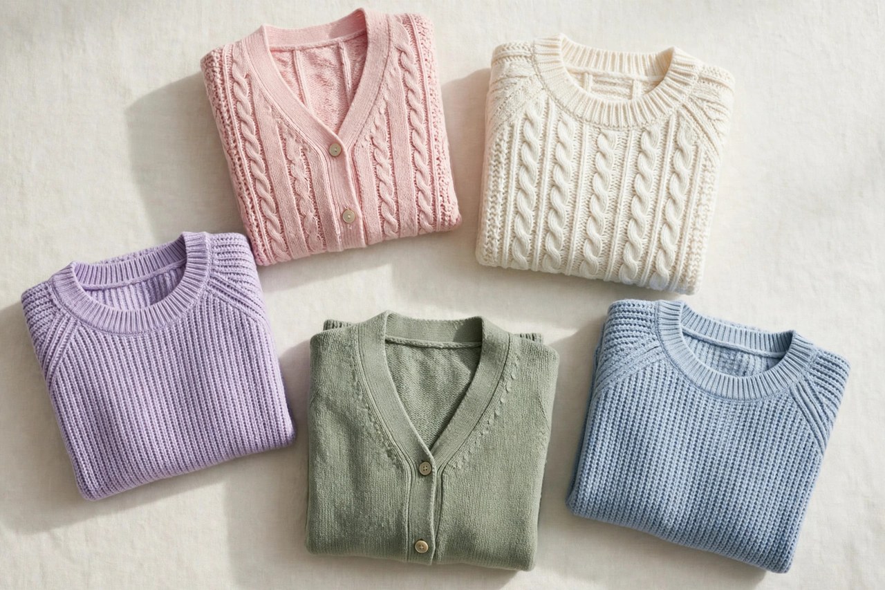 A flat lay of girls sweaters including pullovers and cardigans in different knits folded to show necklines, buttons and textures, product photography with no people, no children and no mannequins
