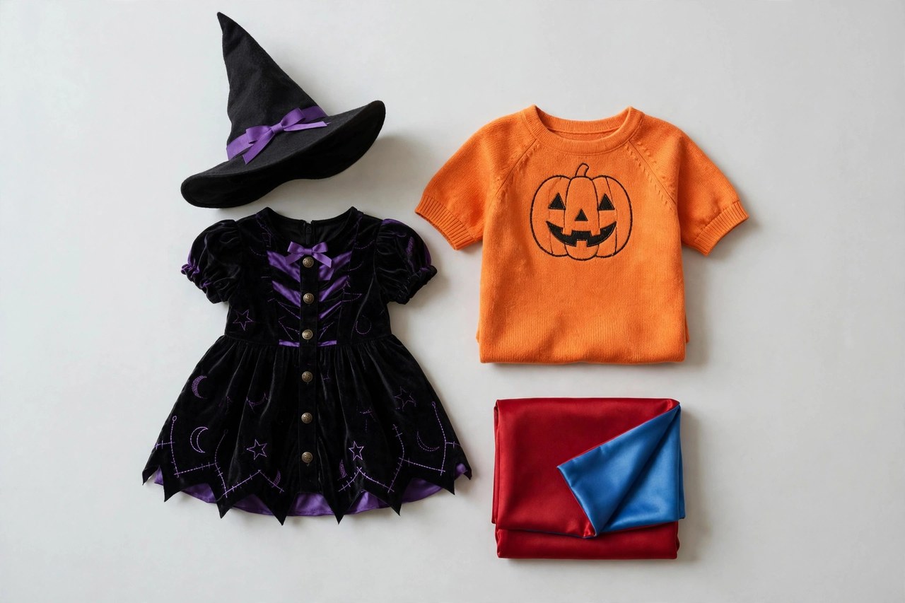 A flat lay of children's Halloween costumes: a small witch outfit with a pointed hat, a pumpkin tunic and a superhero cape folded neatly on a plain background, product photography with no people, no children and no mannequins