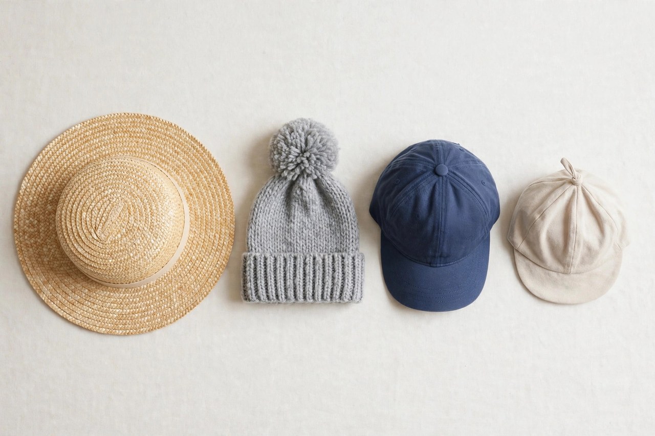 A flat lay of children's hats in a row: a wide-brim sun hat, a knitted winter beanie with a pompom, a baseball cap and a soft baby cap on a plain background, product photography with no people, no children and no mannequins