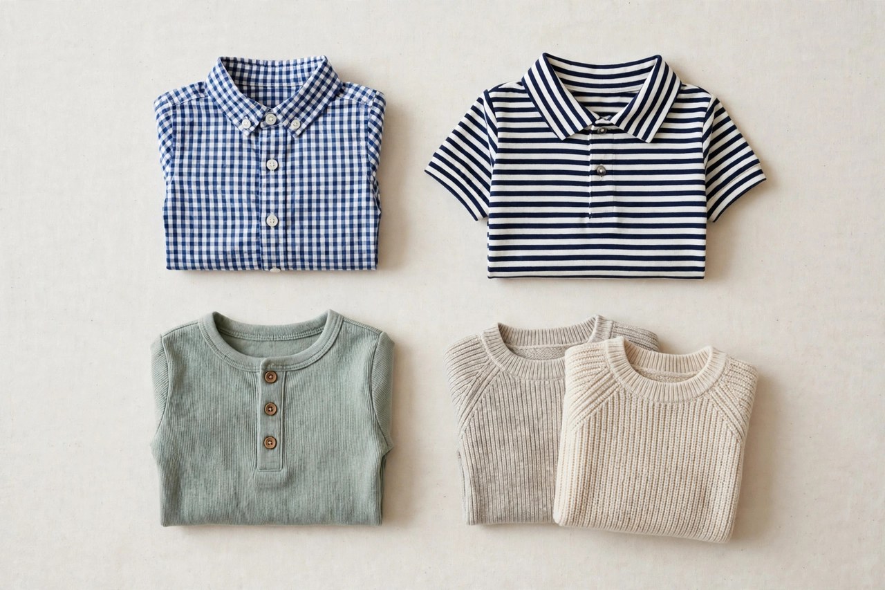 A flat lay of infant and toddler shirts: a tiny checked button shirt, a striped polo-style shirt, a henley shirt and soft knit shirts on a plain background, product photography with no people, no children and no mannequins